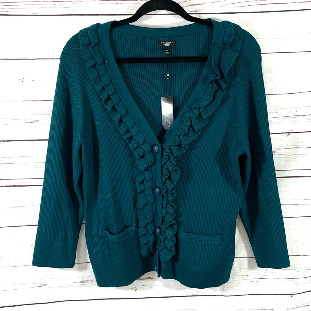 Talbots Women’s Cardigan Sweater Button-Front Ruffles Green Petite Size XL